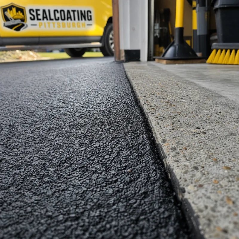 Close-up of a compacted asphalt seam meeting a concrete garage apron