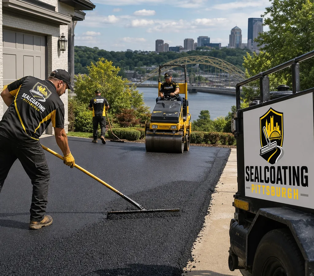 Residential asphalt driveway paving crew placing and raking hot mix asphalt in front of a Pittsburgh-area home