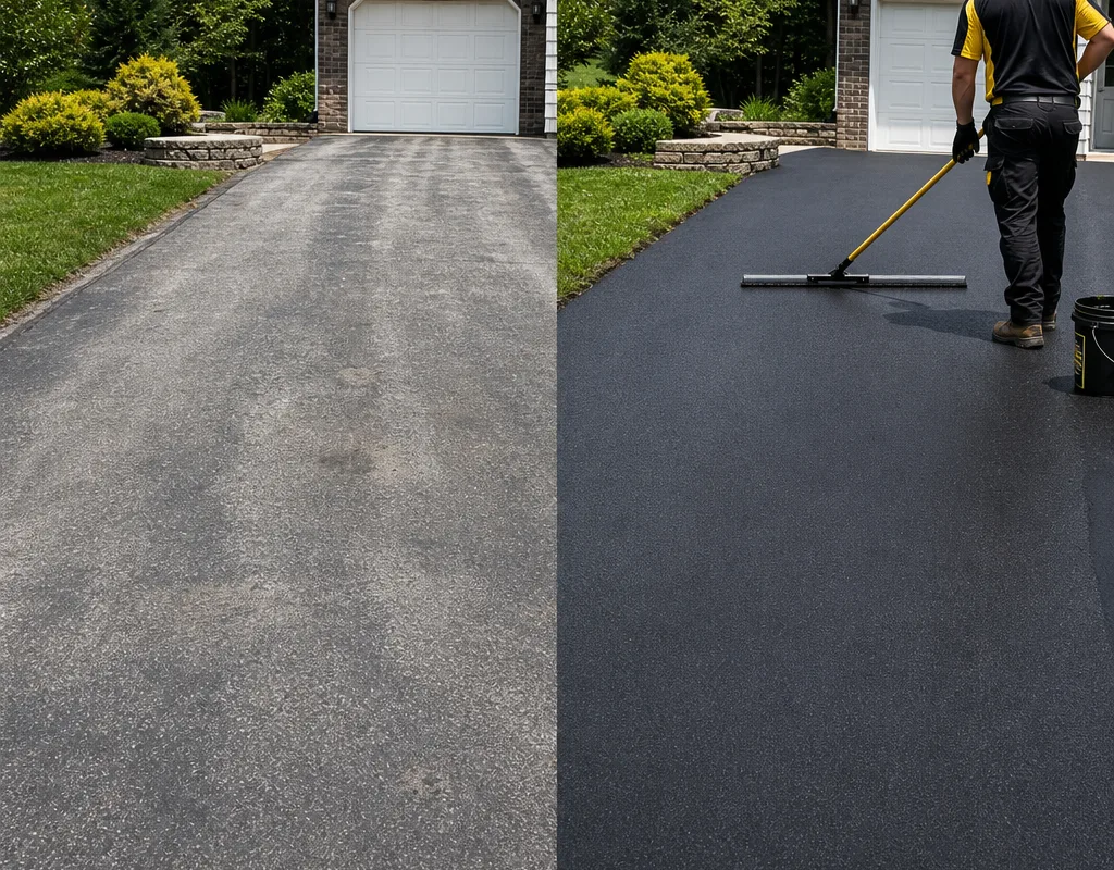 Before and after comparison of a faded asphalt driveway restored to a uniform black finish after sealcoating