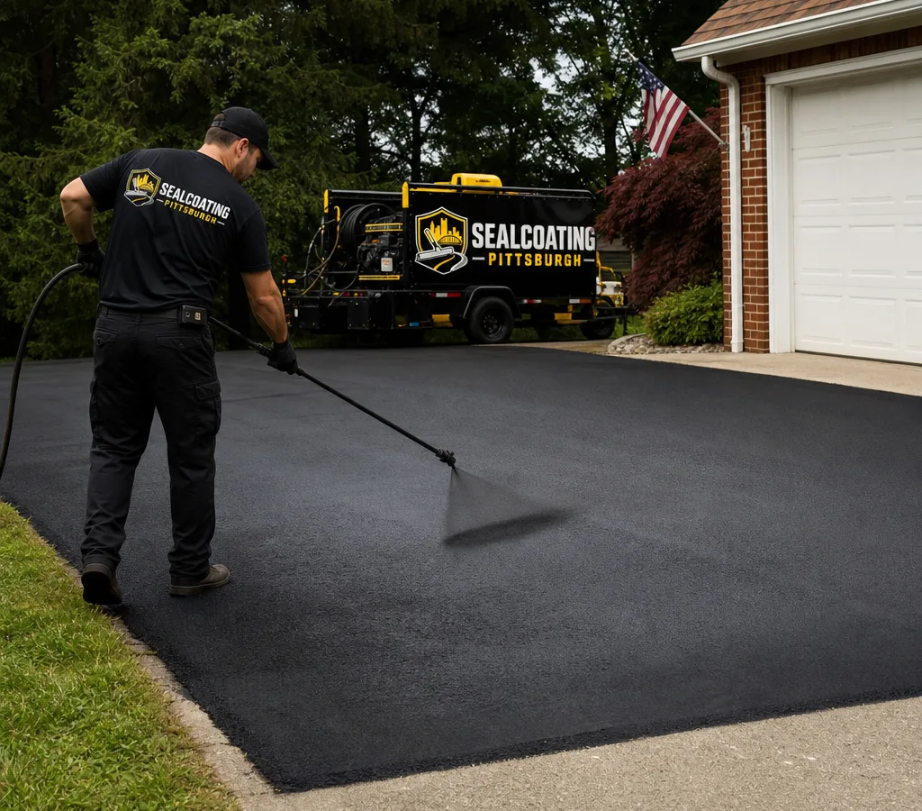 Residential asphalt driveway in Pittsburgh being sealcoated with clean edging and a fresh uniform black finish