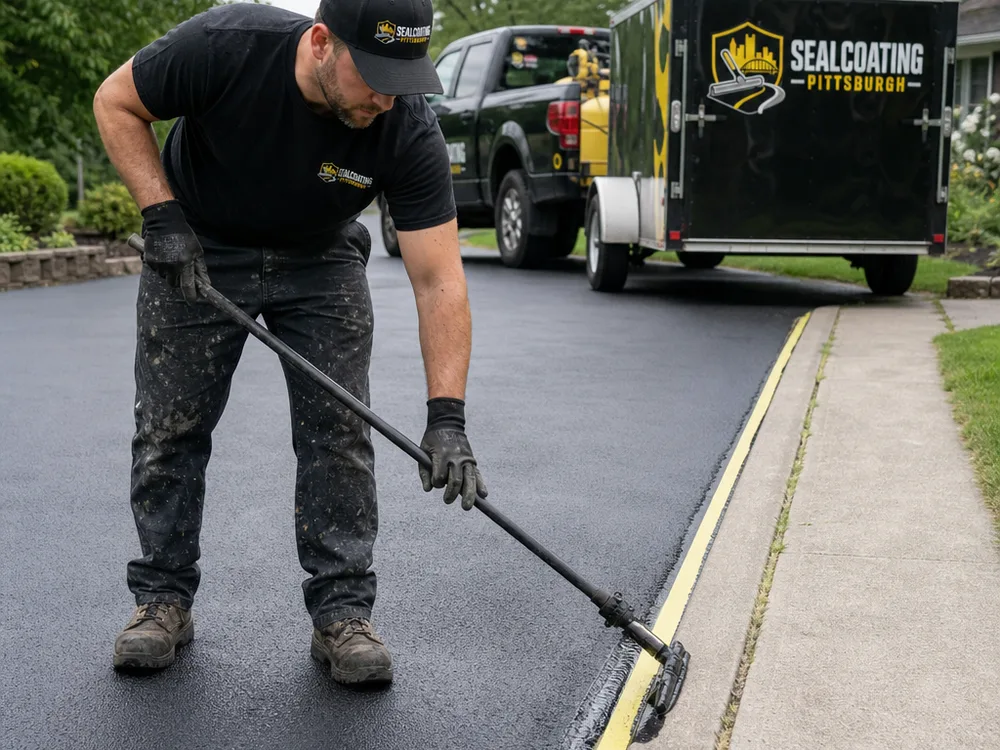 Technician applying sealer along a masked asphalt driveway edge beside a concrete sidewalk