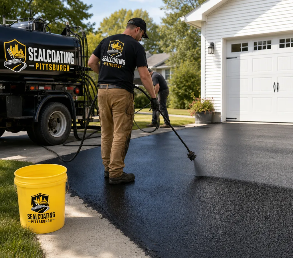 Crew applying asphalt sealcoat to a Pittsburgh residential driveway with crisp edges along concrete