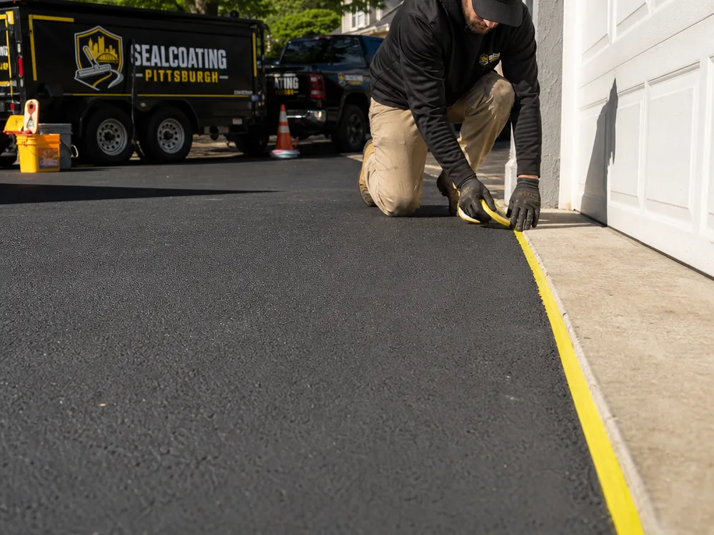 Cleaned dry asphalt prepared for sealing with concrete edges carefully masked