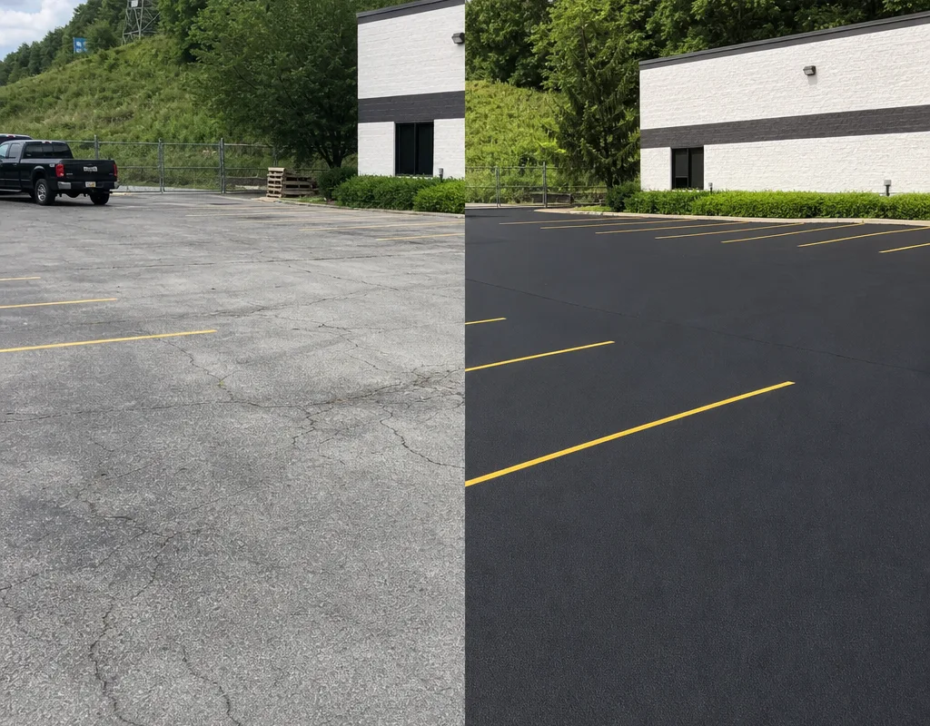 Before-and-after view of the same commercial parking lot before and after sealcoating