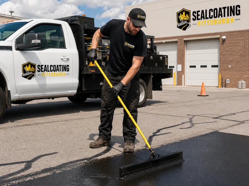 Technician applying sealcoat to a prepared commercial lot near sealed cracks and traffic-control cones