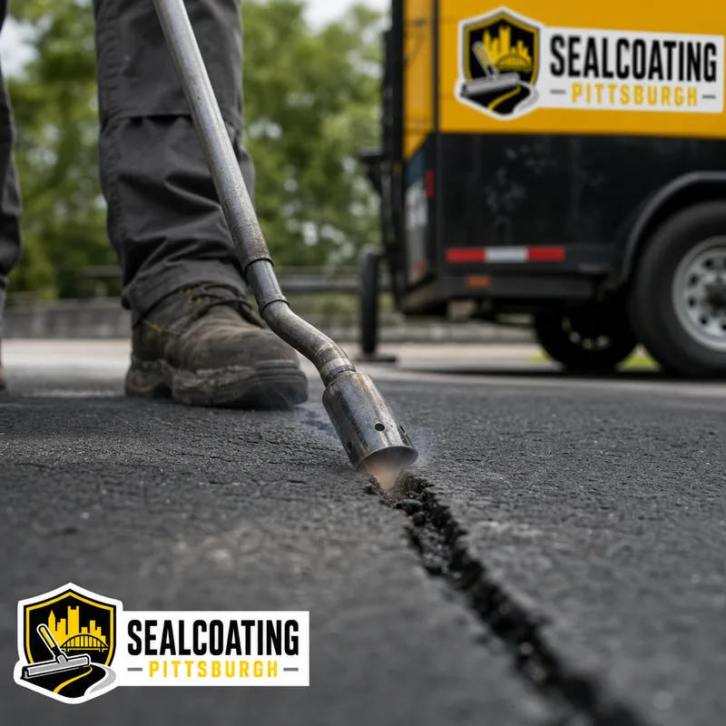 Cleaned asphalt crack being dried and prepared immediately before crack sealer is applied