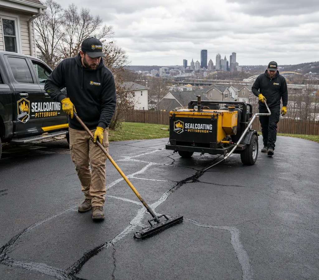 Crew applying hot-pour crack sealant to cleaned cracks on an asphalt driveway in a Pittsburgh neighborhood