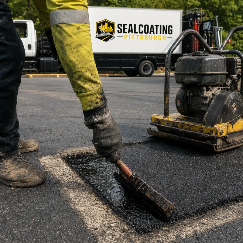 Saw-cut rectangular asphalt patch with clean vertical edges, tack coat, and layered compaction