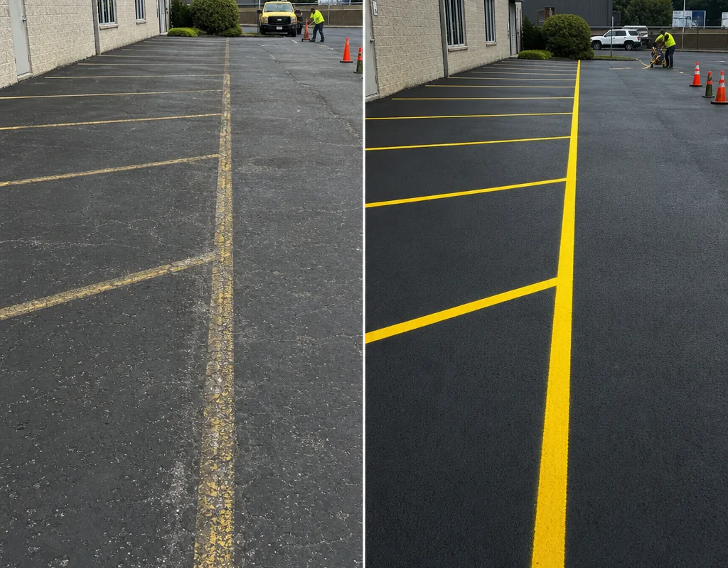 Before and after comparison of faded parking stalls restored with bright straight markings