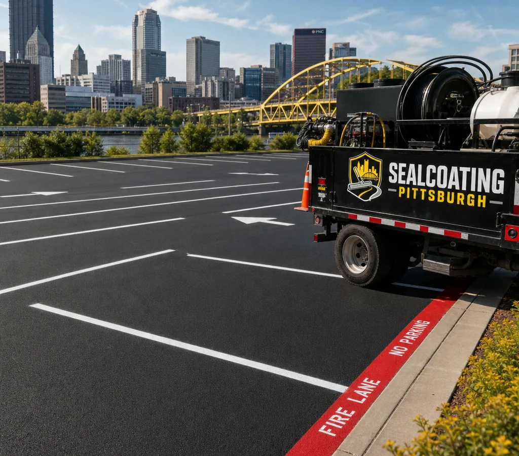 Freshly striped commercial parking lot in Pittsburgh with white stall lines, directional arrows, and a red fire lane