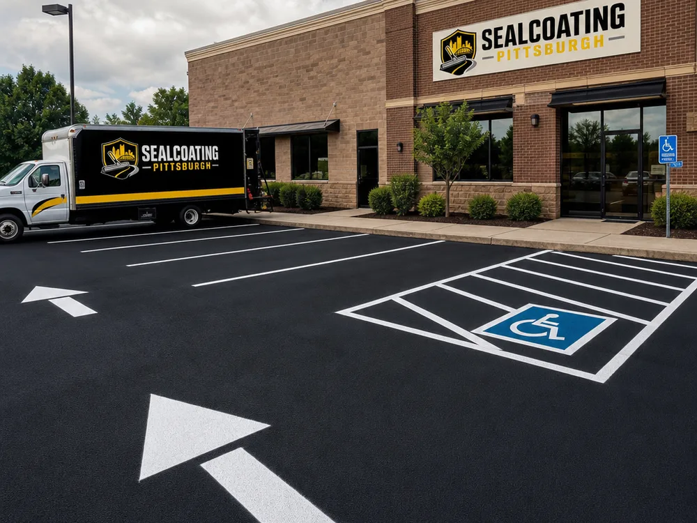 Completed commercial lot restriping with accessible space, stall lines, and traffic arrows