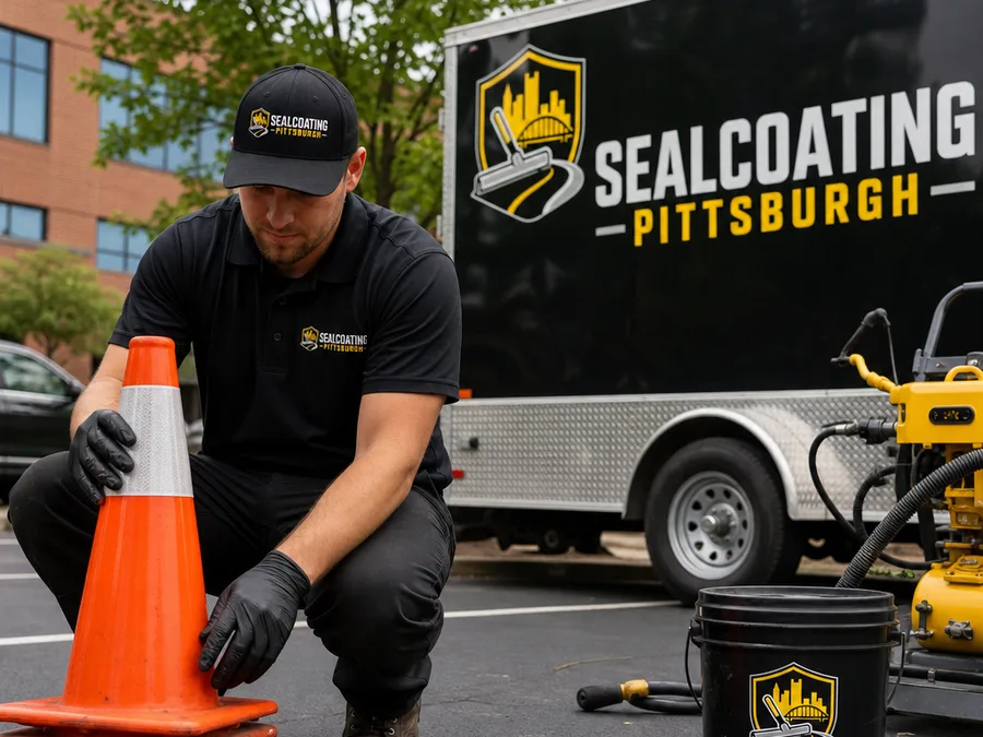 Uniformed crew member preparing asphalt sealing equipment and safety cones at a Pittsburgh jobsite